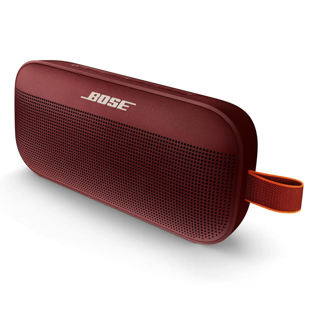 Maroon Bose SoundLink Flex portable speaker with orange fabric loop handle