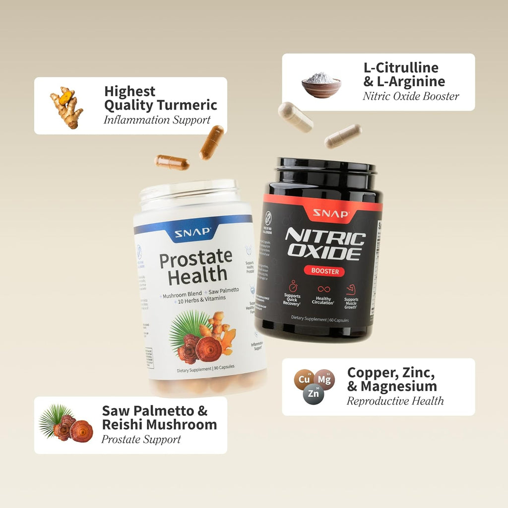 Snap Nitric Oxide Booster and Prostate Health supplements with L-Citrulline and Saw Palmetto ingredients