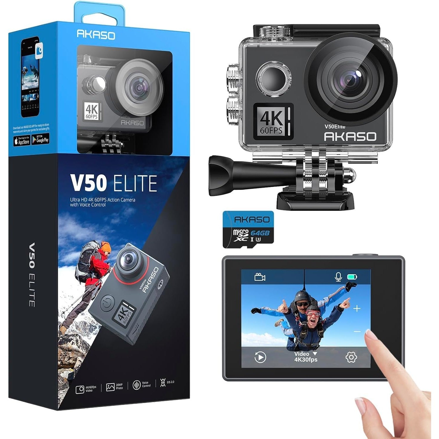 AKASO V50 Elite Action Cam, 4K60FPS 20MP Underwater Camera with 64GB U3 Memory Card WiFi with Touchscreen ICE 40M Sports Camera 8X Zoom Voice Control Remote Control Accessory Kit