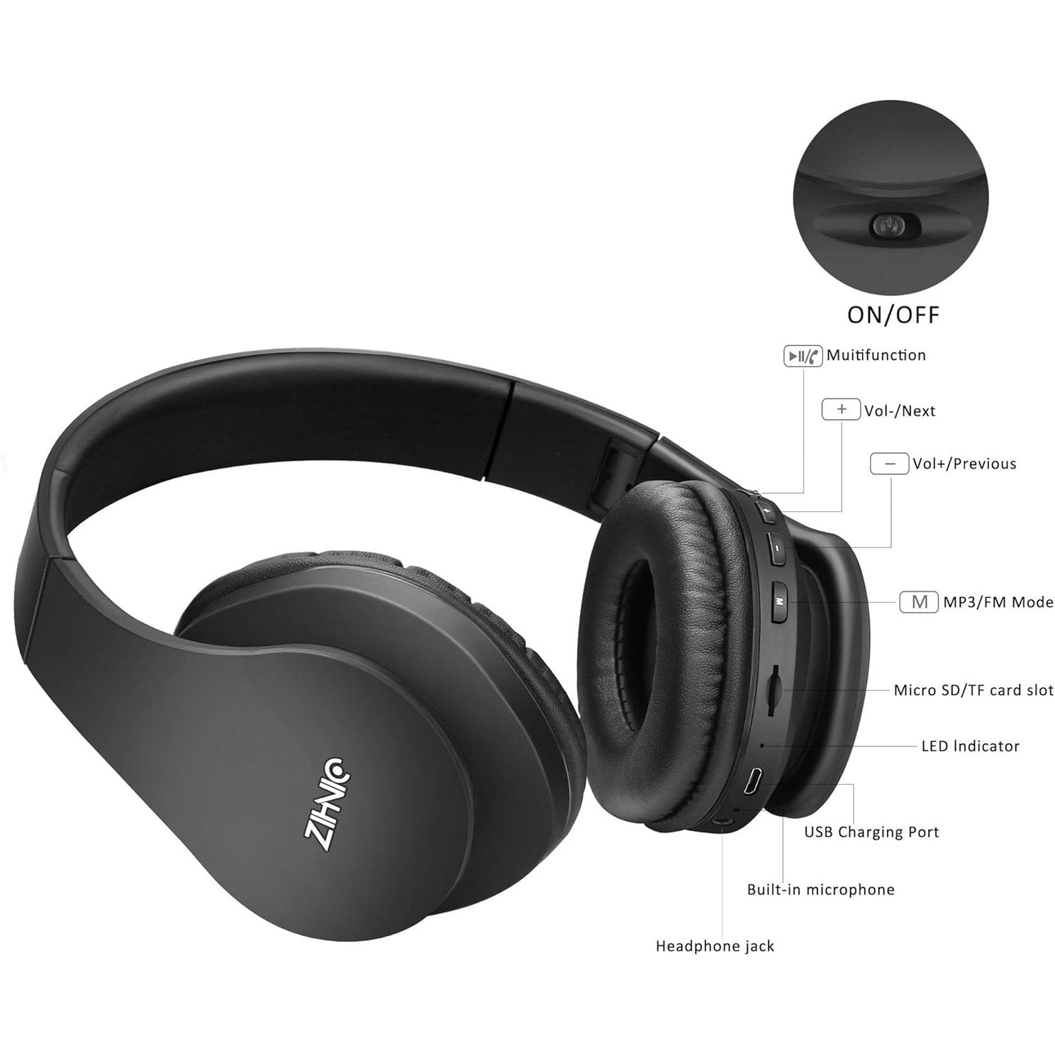 ZIHNIC Bluetooth Headphones Over-Ear, Foldable Wireless and Wired Stereo Headset Micro SD/TF, FM for Cell Phone,PC,Soft Earmuffs &Light Weight for Prolonged Wearing (Black)