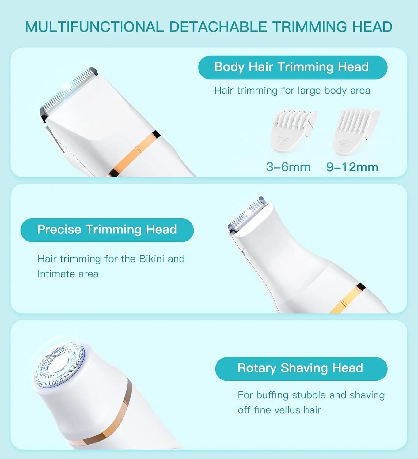HEBECA Bikini Trimmer for Women, 3in1 Electric Razor for Women with Facial Trimmers & Intimate Shaver for Sensitive Skin, Waterproof Wet & Dry Use Rechargeable Pubic Hair Trimmer Removal