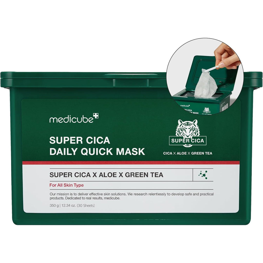 medicube Super Cica Daily Quick Facial Masks (30 Sheets) - 60-Second Soothing & Hydrating Facial Mask with 88% Cica, Instant Cooling & Moisturization - 100% Vegan Certified, Korean Skincare