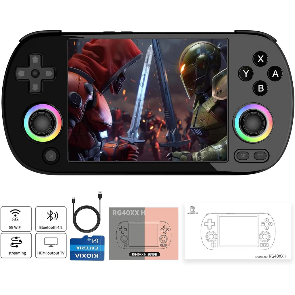 RG40XX H Retro Handheld Game Consoles RG40XXH Retro Gaming Console with 64 TF Card Portable Gaming Console Linux 64-bit System 4 inch IPS Screen Supports WiFi Bluetooth HD and TV Output Black