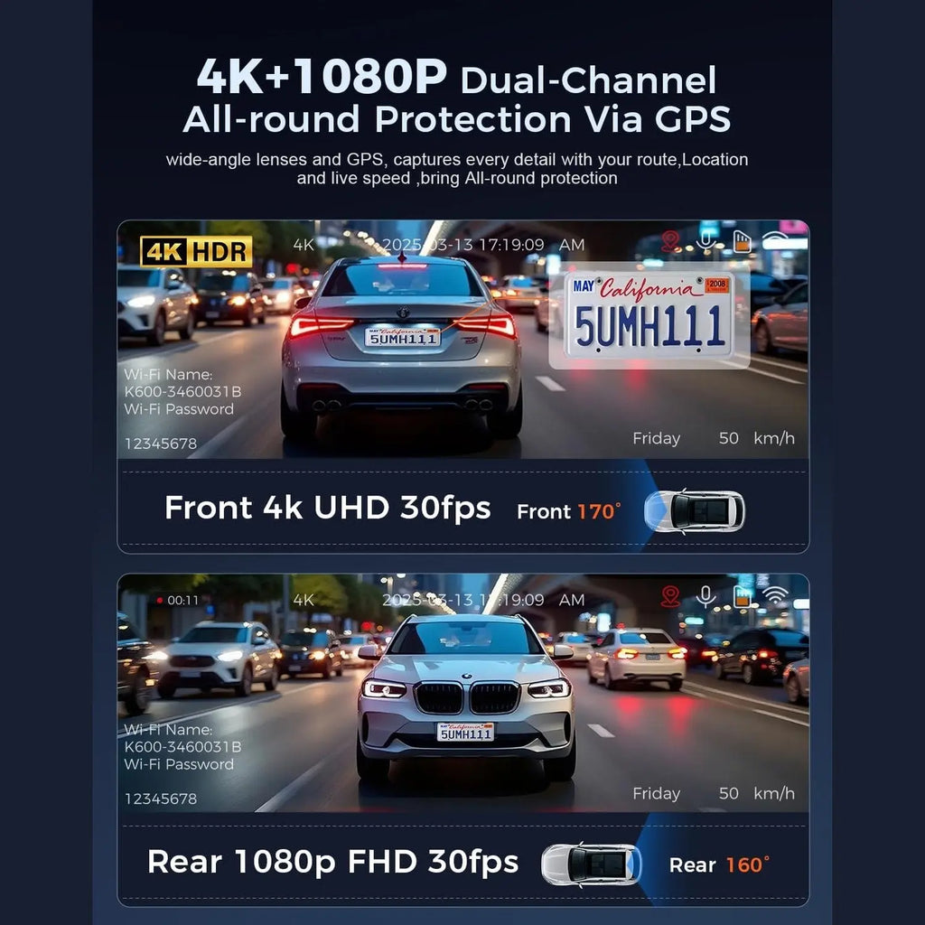 K600 4K Dash Cam Front and Rear, 3.59 Inch IPS Screen, Built-in GPS 5G WiFi Dash Camera for Cars with App, UHD 2160P Night Vision Free 32G SD Card, 170° Wide Angle, HDR, 24H Parking Mode