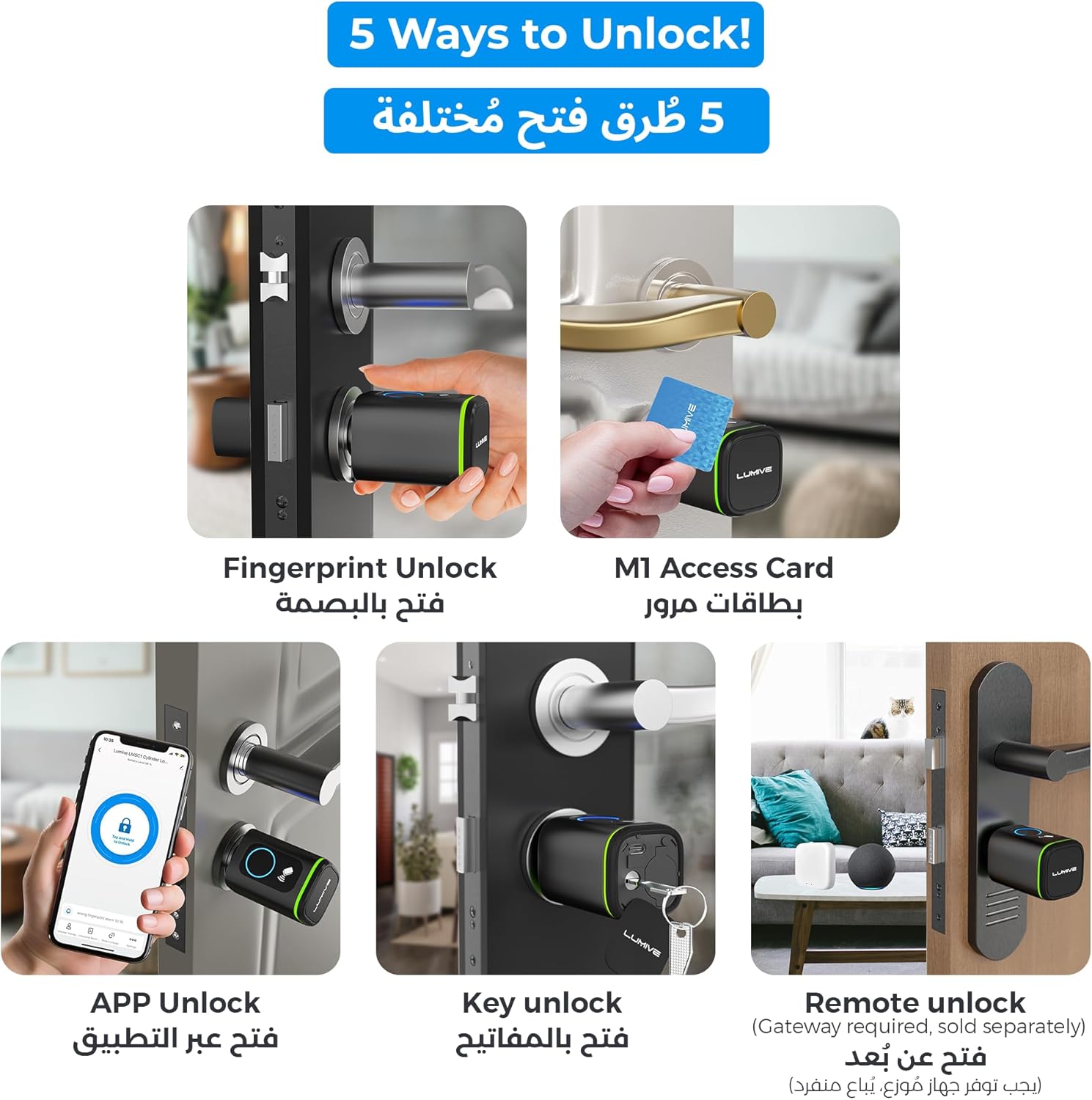 Lumive Smart Door Lock, Fingerprint Door Lock, Bluetooth App Unlock,2 Keys,2 RFID Cards,Fixed Cylinder, Black [Battery Included] (60mm Smart Cylinder)