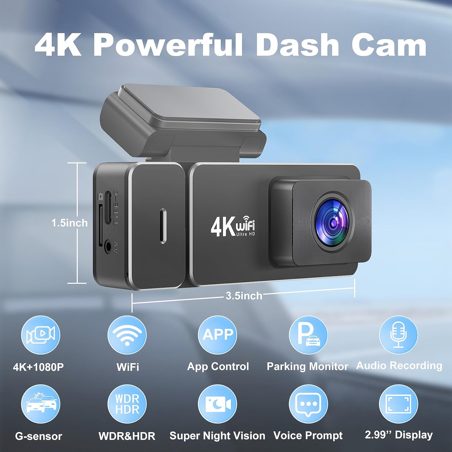 Dash Cam Front and Rear 4k+1080P, CHORTAU WiFi Dual Dash Cam with APP, 2.99’’ IPS Dash Camera for Cars with Free 64GB Card, Dashboard Camera with Night Vision, 24/7 Parking Monitor, WDR
