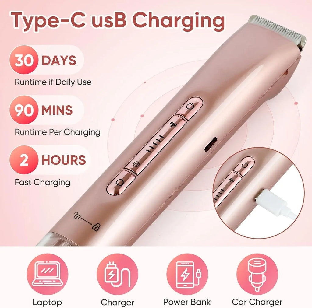 Rose gold dual-head electric bikini trimmer with Type-C fast charging and 90-minute runtime