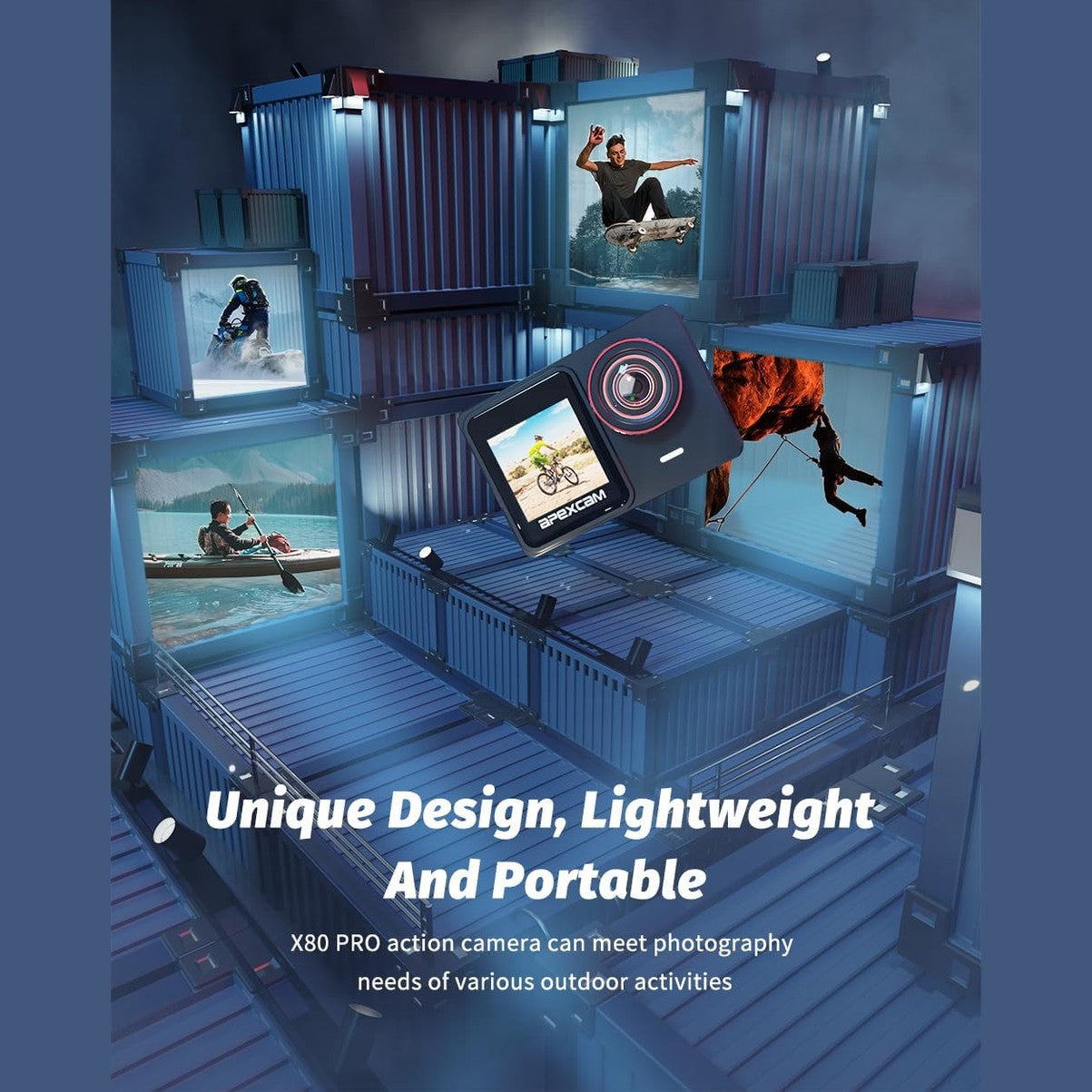 Apexcam X80Pro Double Screen Action Cam 4K60FPS 48MP Ultra HD WiFi Sports Camera Underwater Camera 40 m Waterproof 170° Wide Angle 2.4G Remote Control 2 x 1350 mAh Batteries