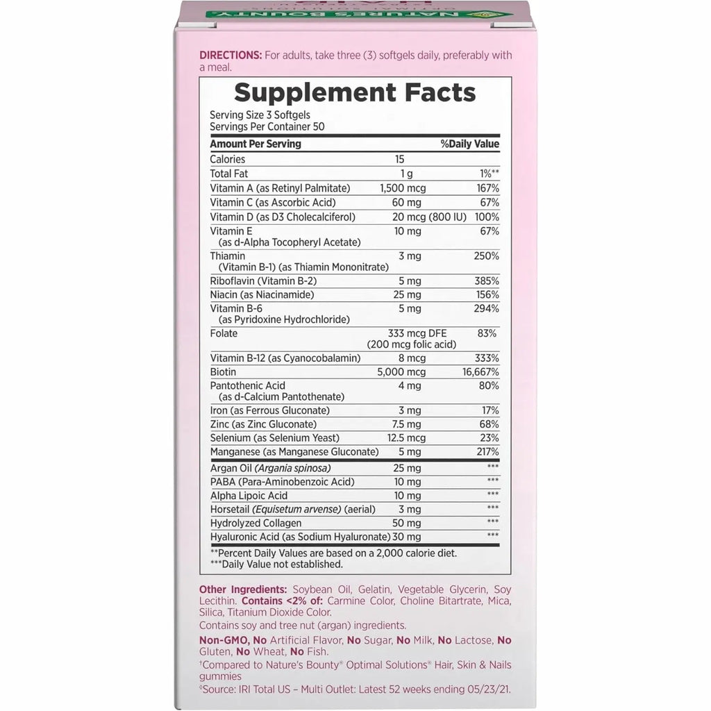 Nature's Bounty Advanced Hair, Skin & Nails, Argan-Infused Vitamin Supplement with Biotin and Hyaluronic Acid, 150 Rapid Release Softgels, 50 Total Servings