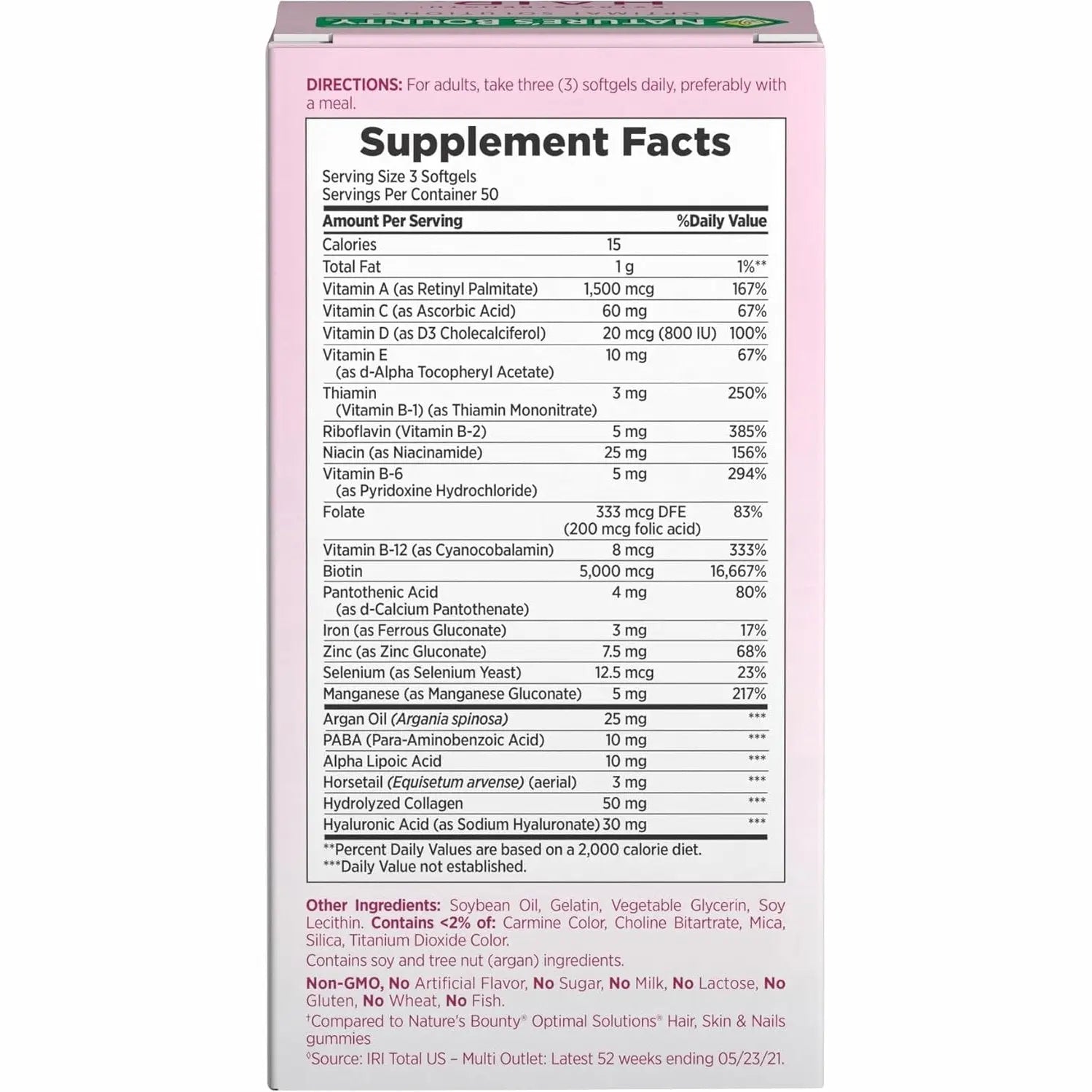 Nature's Bounty Advanced Hair, Skin & Nails, Argan-Infused Vitamin Supplement with Biotin and Hyaluronic Acid, 150 Rapid Release Softgels, 50 Total Servings