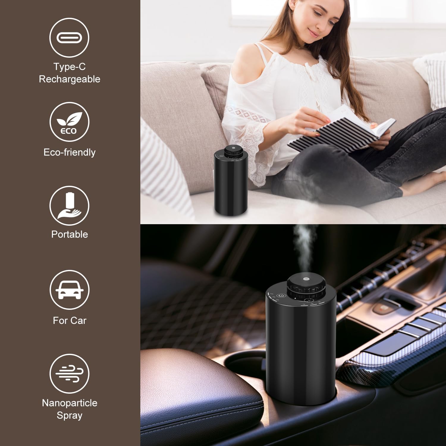 Waterless Diffuser for Essential Oil Nebulizer ，Battery Operated Mini Scent Air Machine ，Aromatherapy Atomizing Diffuser for Home Room Cars Office Black