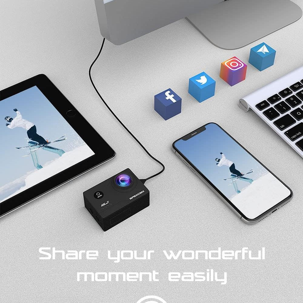 Apexcam 4K 30fps Sports Camera 170° 20MP Underwater Camera 40m, Multiple Shooting Modes with Remote Control, 2 x 1050mAh Batteries and Accessory Bag