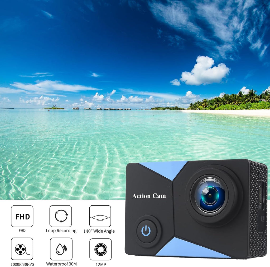 Nvgfelis WiFi Action Cam FHD, Underwater Camera Waterproof up to 30 m, Action Camera with 2 x 1050 mAh Rechargeable Batteries and Accessory Set