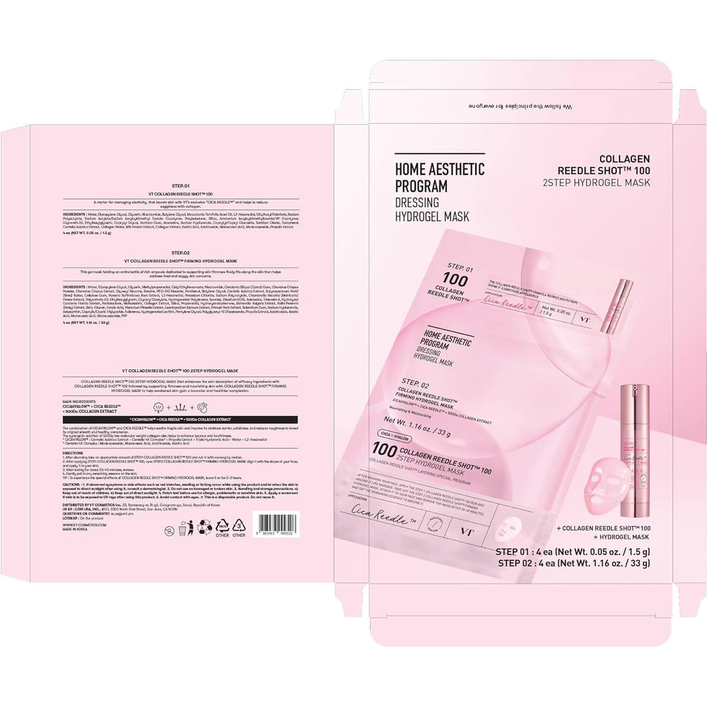 VT COSMETICS Collagen Reedle Shot 100 2-Step Hydrogel Mask(34.5gx4ea) | Intensive Firming, Exosome 500Da Collagen, Fine Lines, Overnight Melting Mask, Korean Facial Mask