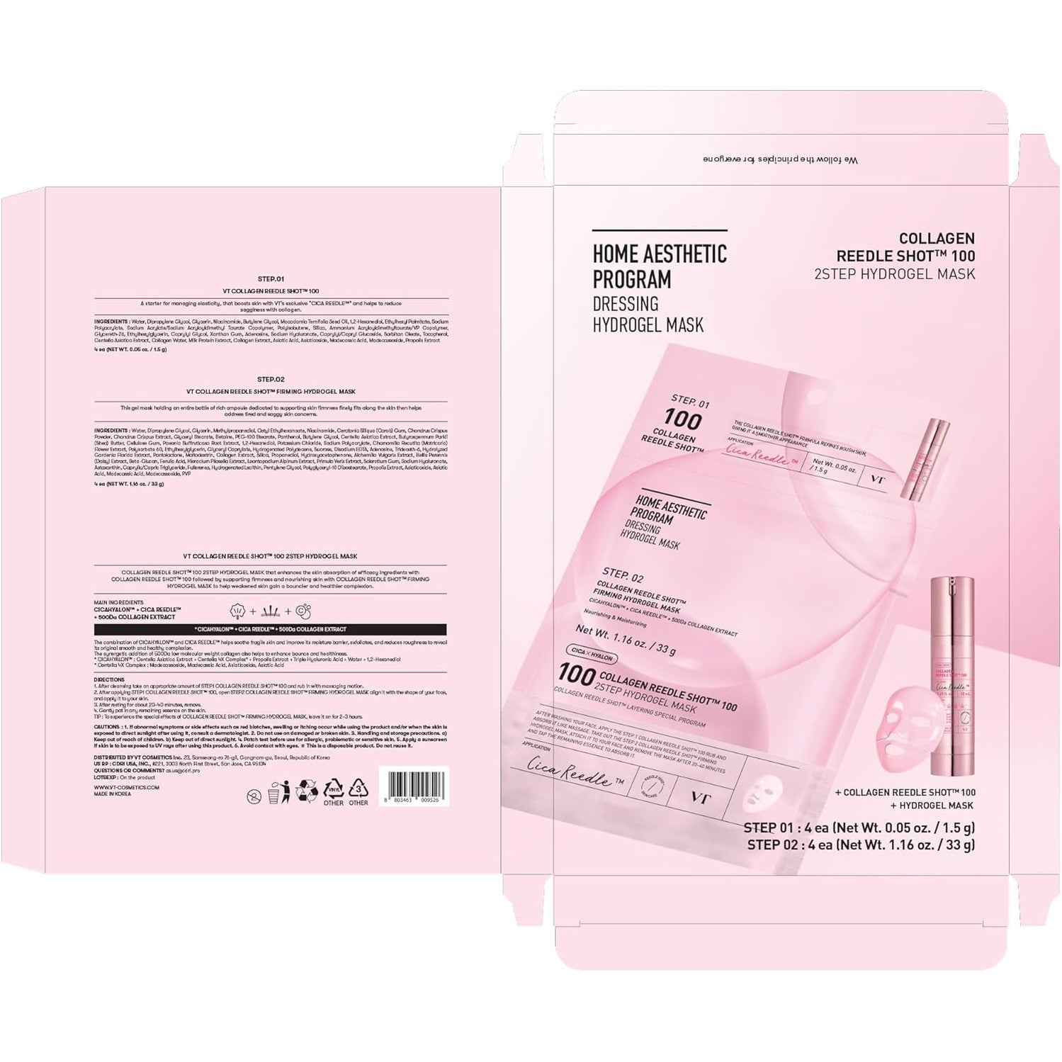 VT COSMETICS Collagen Reedle Shot 100 2-Step Hydrogel Mask(34.5gx4ea) | Intensive Firming, Exosome 500Da Collagen, Fine Lines, Overnight Melting Mask, Korean Facial Mask