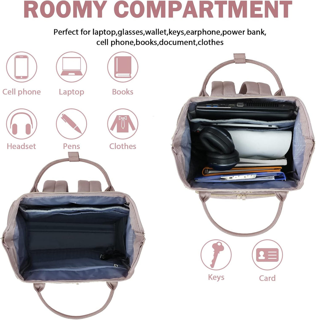 EMPSIGN Laptop Backpack Women 17 Inch, Large Laptop Rucksack Wide Open, College School Backpack with USB Charging Port, Water Repellent Travel Business Work Bag Computer Bookbag for Men, Dusty Pink