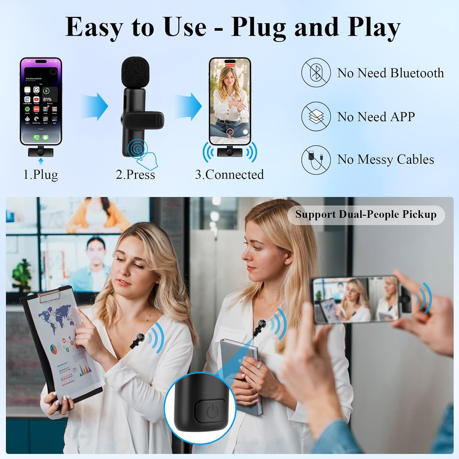 Nefuo 2 Pack Type C Mini Wireless Lavalier Microphone for iPhone 15 & Android Devices, Crystal Clear Sound Quality with Noise Reduction Lapel Microphone Plug-Play for Podcast Vlog YouTube TikTok