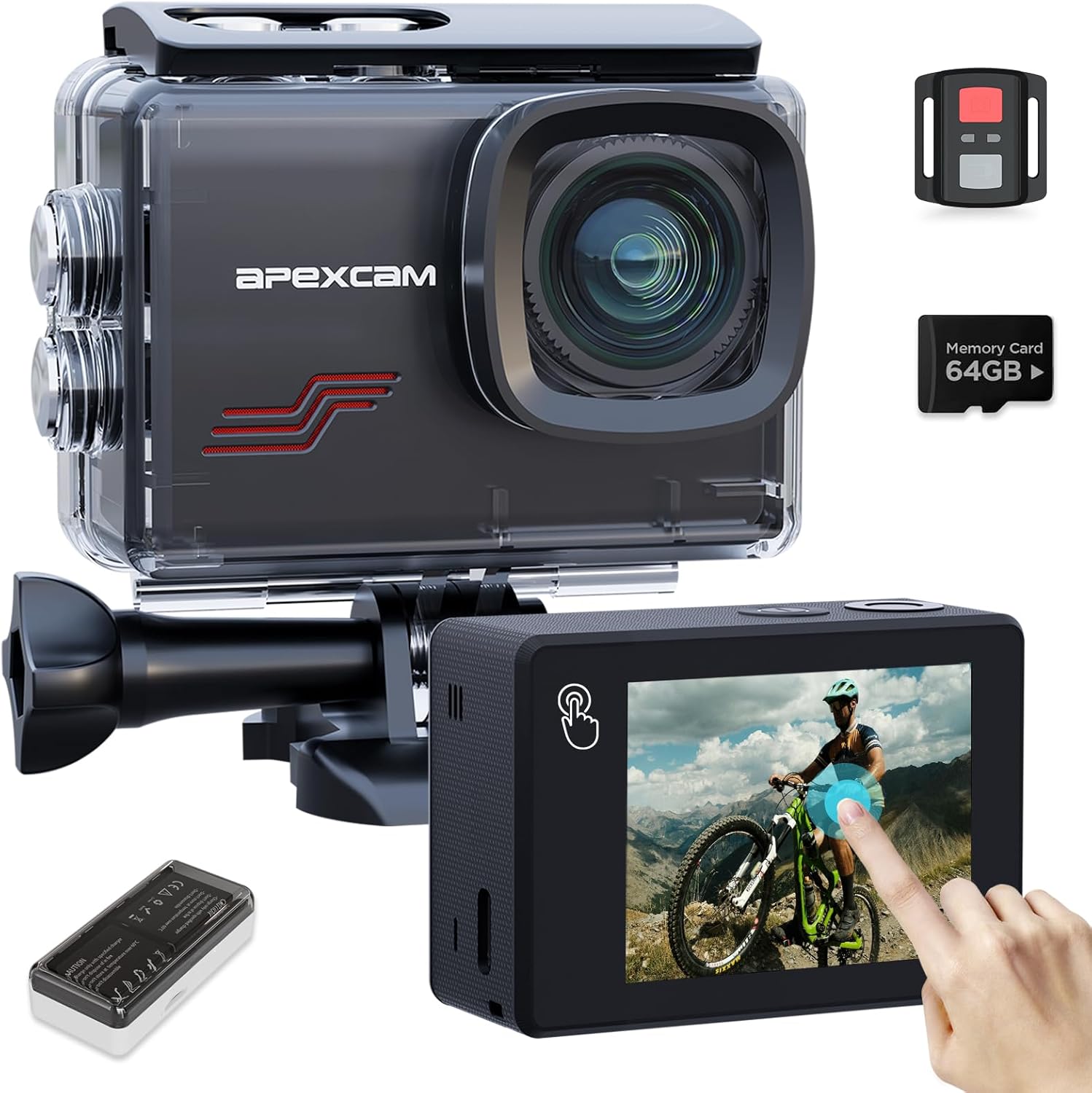 Apexcam New M80PRO Action Cam 4K 64MP EIS Touch Screen with 64GB Waterproof Sports Camera Card Underwater Camera 40M 8X Zoom and 2 x 1350 Batteries Accessories Kit
