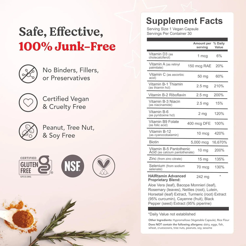 HAIRtamin supplement facts label listing biotin zinc and herbal blend with certification logos