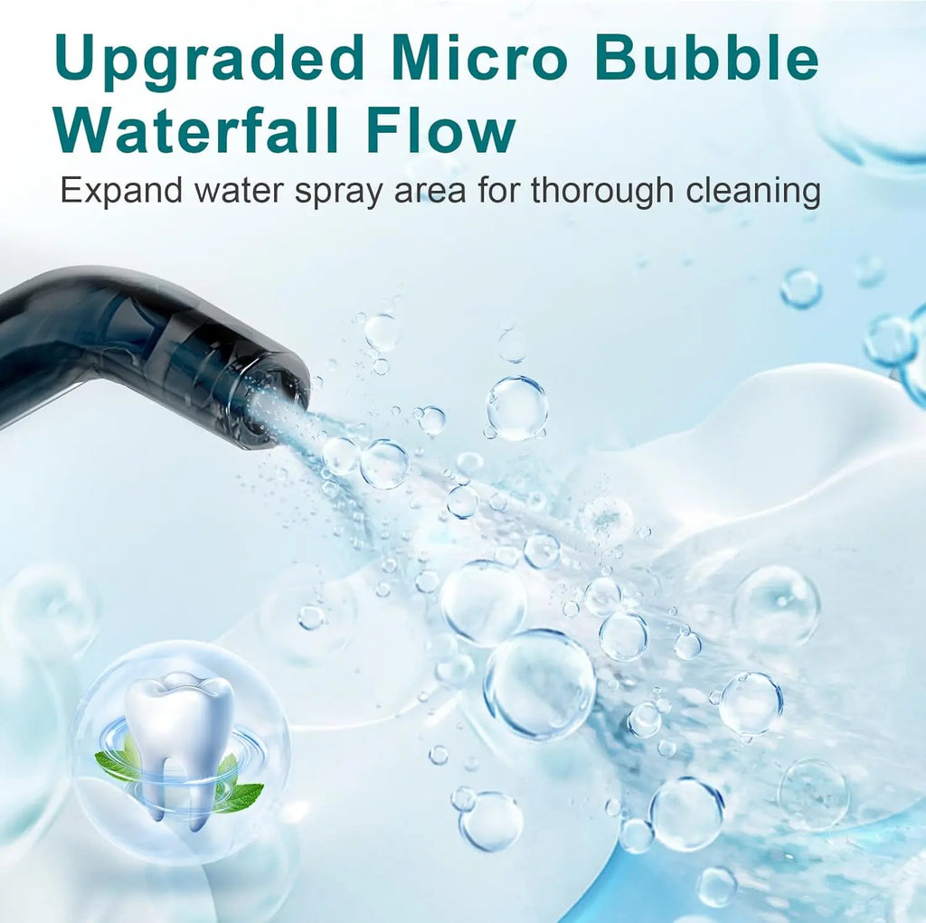 Micro bubble waterfall flow nozzle stream from black cordless water flosser