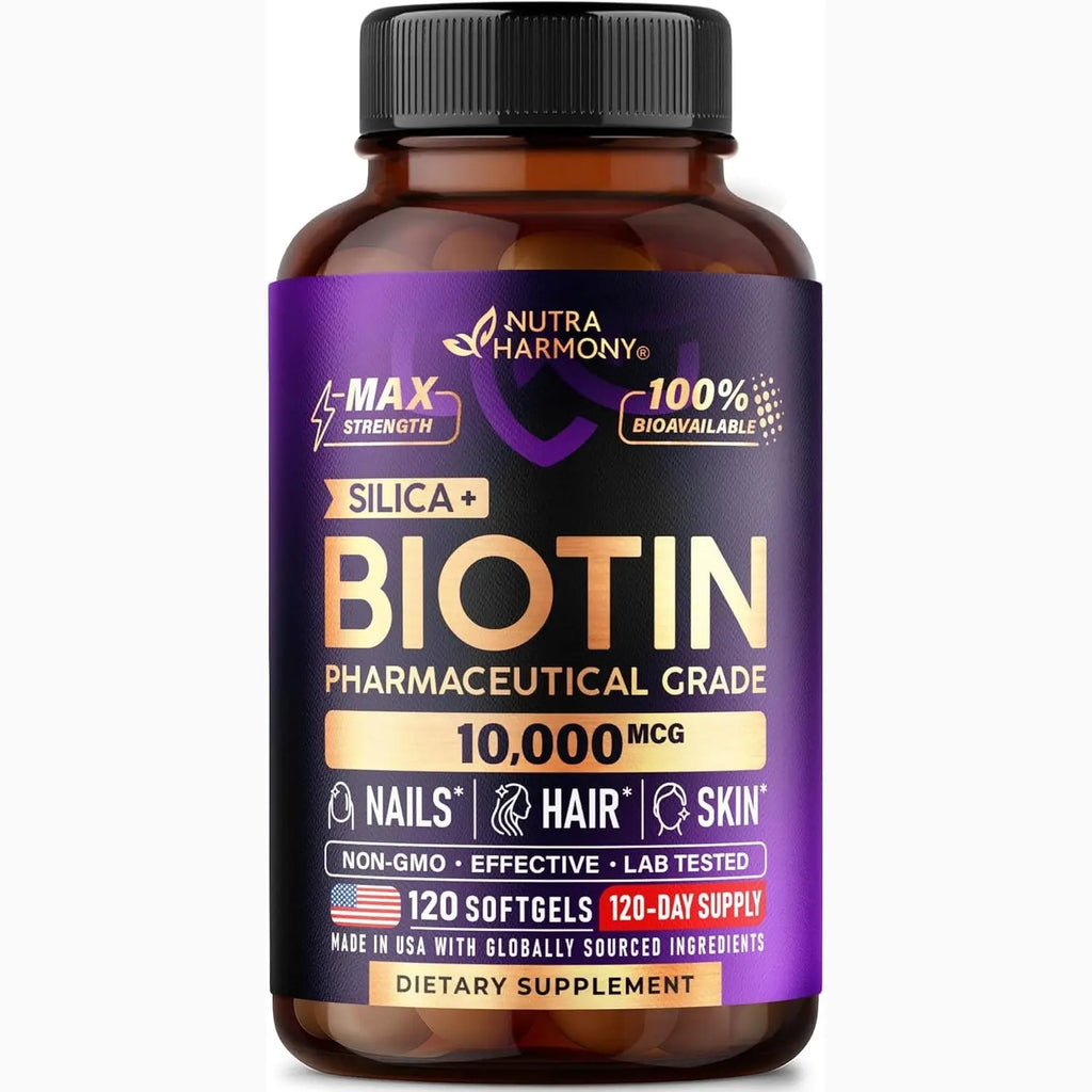 Biotin 10000 mcg with Silicon - Pharmaceutical Grade Biotin Supplement for Women - Hair Growth Support, Skin & Nails - Max Strength & 100% Bioavailability - Lab Tested - 120 Softgels, 120 Days Supply
