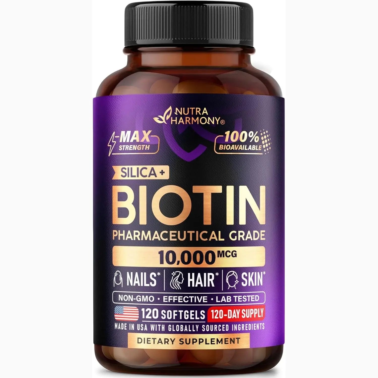 Biotin 10000 mcg with Silicon - Pharmaceutical Grade Biotin Supplement for Women - Hair Growth Support, Skin & Nails - Max Strength & 100% Bioavailability - Lab Tested - 120 Softgels, 120 Days Supply