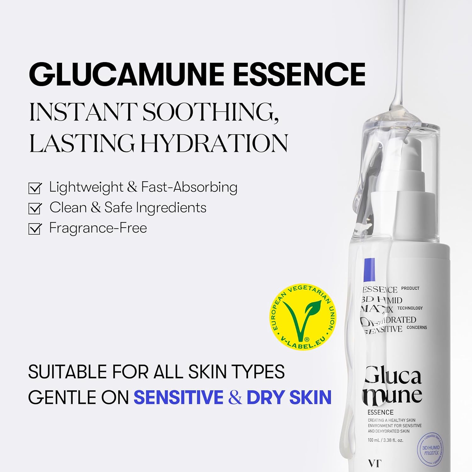 VT Cosmetics Glucamune Essence | Vegan Mucin Facial Essence for Deep Hydration & Soothing | Plant-Based, Paraben-Free, Pure & Clean Korean Skincare for All Skin Types (3.38 fl Oz/100ml)