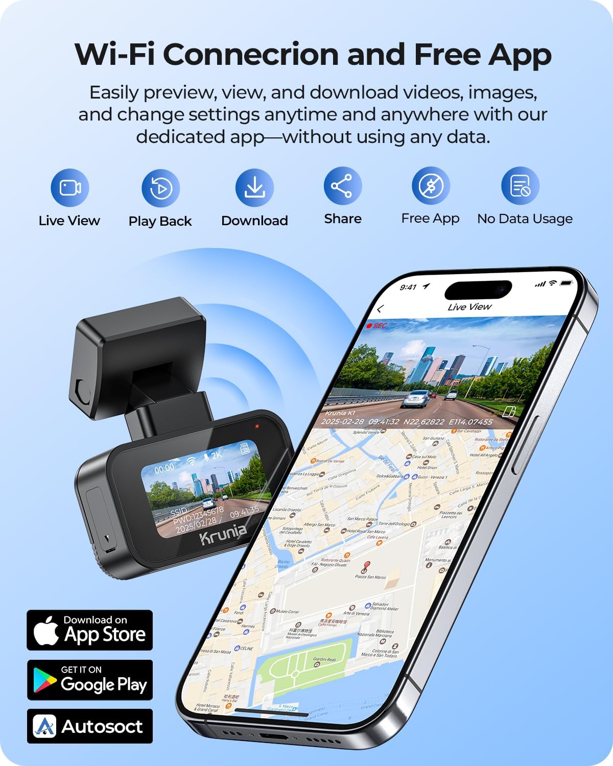 Krunia 2K WiFi Mini Dash Cam Car, Front Camera with App, CPL Support, External GPS, WDR Night Vision, 24 Hours Parking Monitoring, Magnetic Holder, Super Capacitor, 170° Wide Angle Camera
