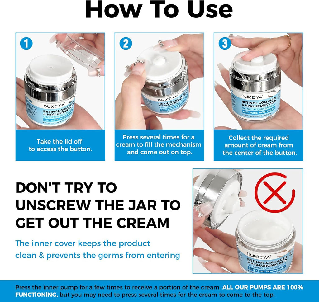 OUKEYA Retinol Cream for Face 3% Retinol Day & Night Cream, 5% Hyaluronic Acid & 5% Niacinamide, Anti Aging Moisturiser For Face & Neck, Hydrating, Firming, Non-Greasy, Fast Absorbing, 50g