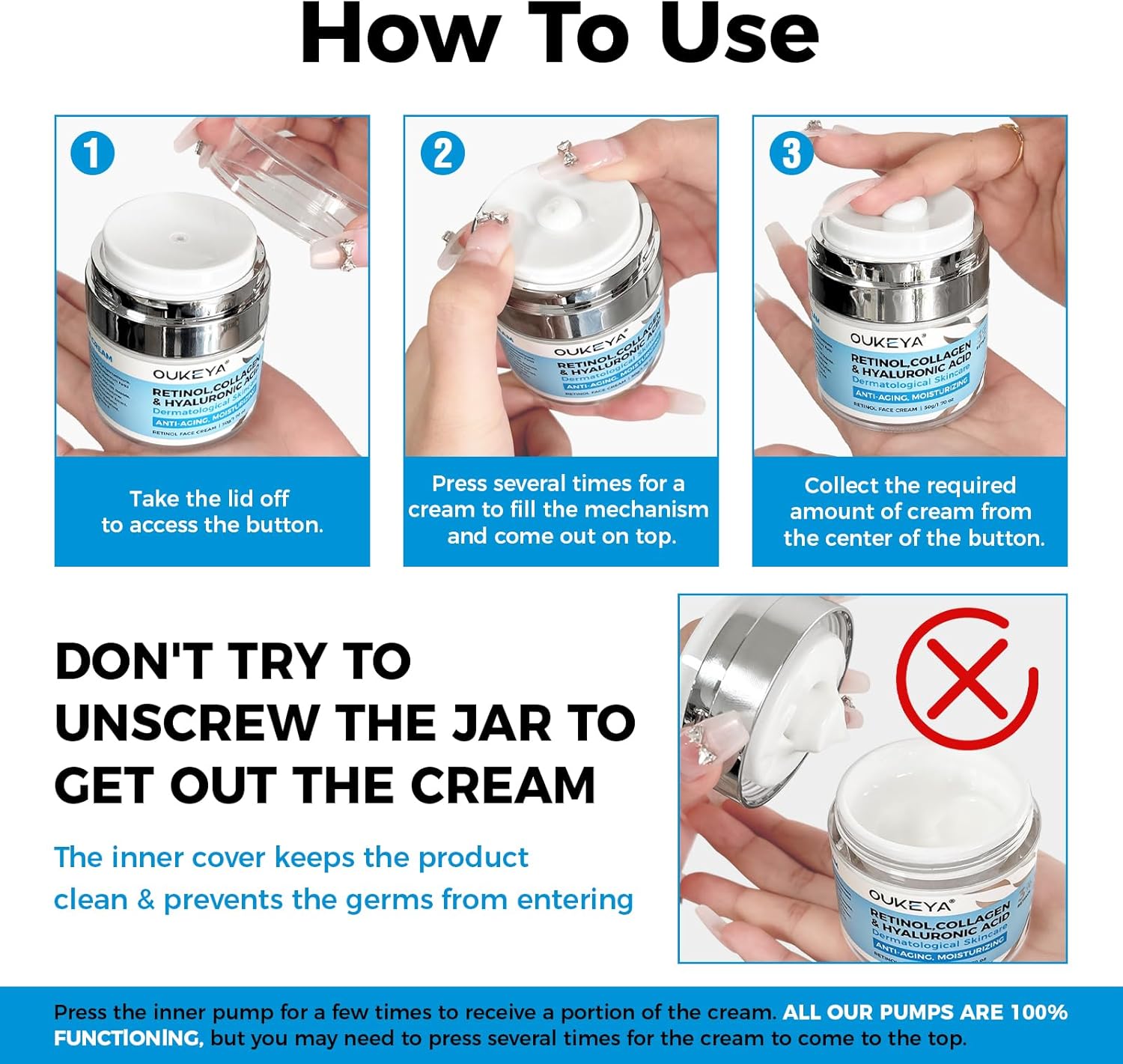 OUKEYA Retinol Cream for Face 3% Retinol Day & Night Cream, 5% Hyaluronic Acid & 5% Niacinamide, Anti Aging Moisturiser For Face & Neck, Hydrating, Firming, Non-Greasy, Fast Absorbing, 50g