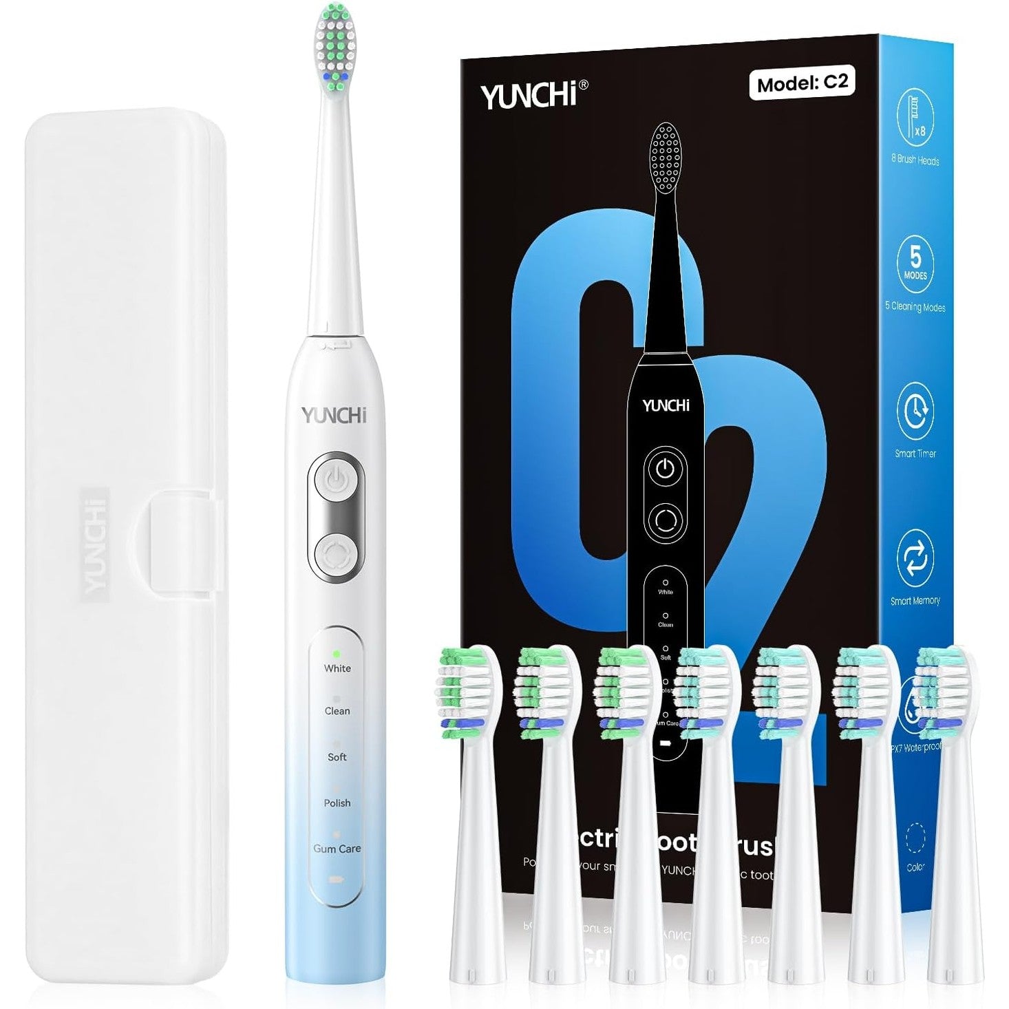 YUNCHI C2 Electric Toothbrush with 40000 VPM, Sonic Toothbrush for Adults and Children, USB-C Charge, 30 Days Battery Life, 5 Cleaning Modes, 2 Minute Timer, 8 Brush Heads, Travel Case, Light Blue and