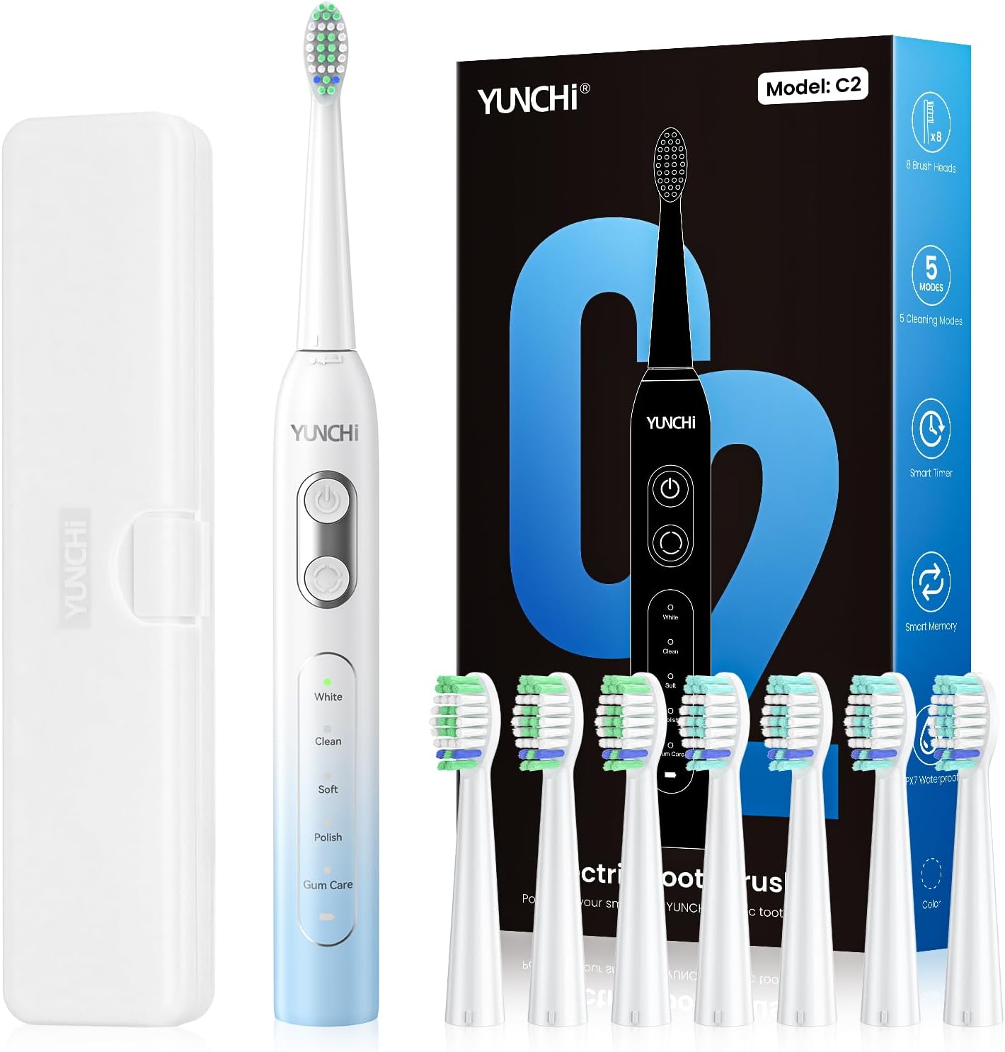 YUNCHI C2 Electric Toothbrush with 40000 VPM, Sonic Toothbrush for Adults and Children, USB-C Charge, 30 Days Battery Life, 5 Cleaning Modes, 2 Minute Timer, 8 Brush Heads, Travel Case, Light Blue and