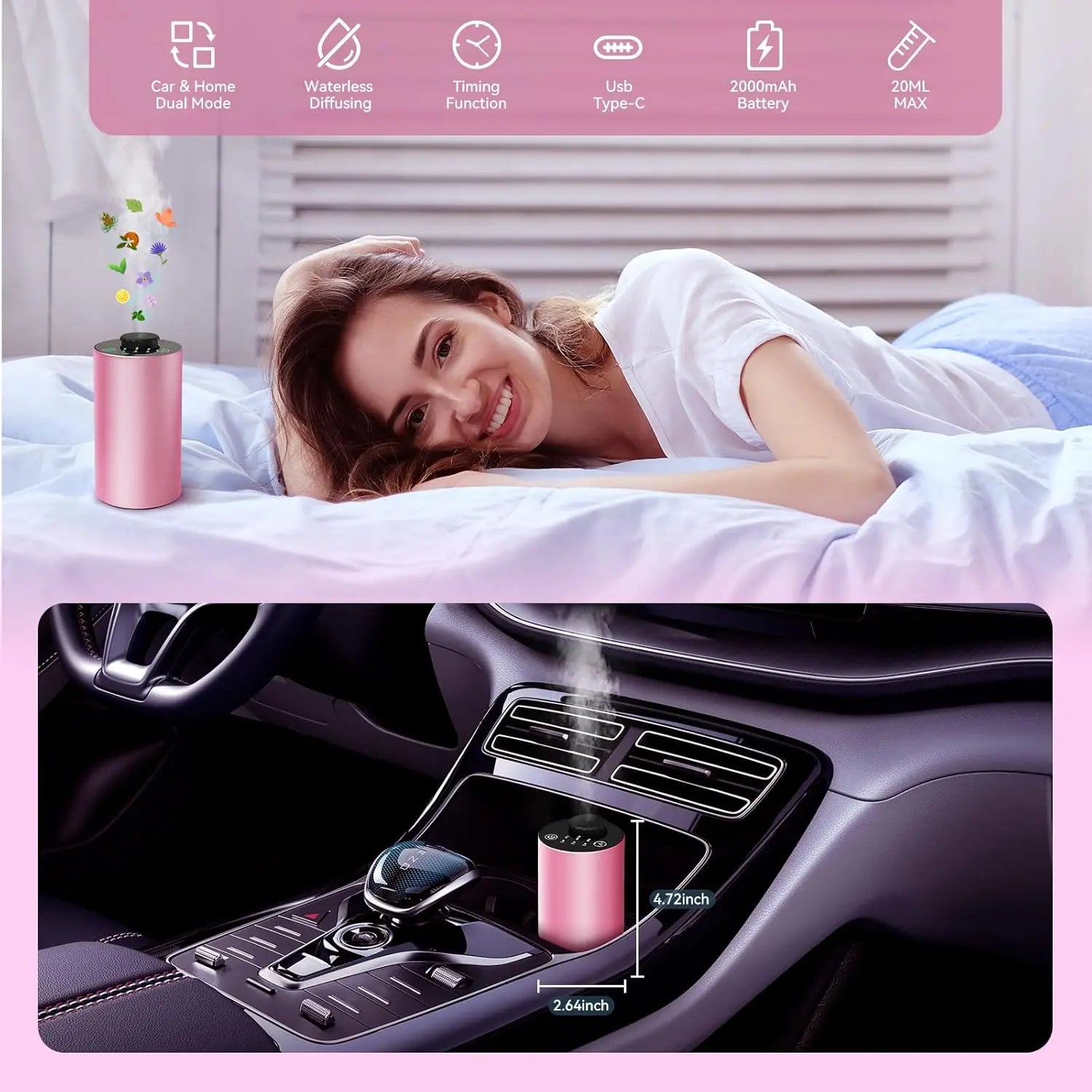 Pink portable waterless diffuser for car and home with 2000mAh battery and timing function
