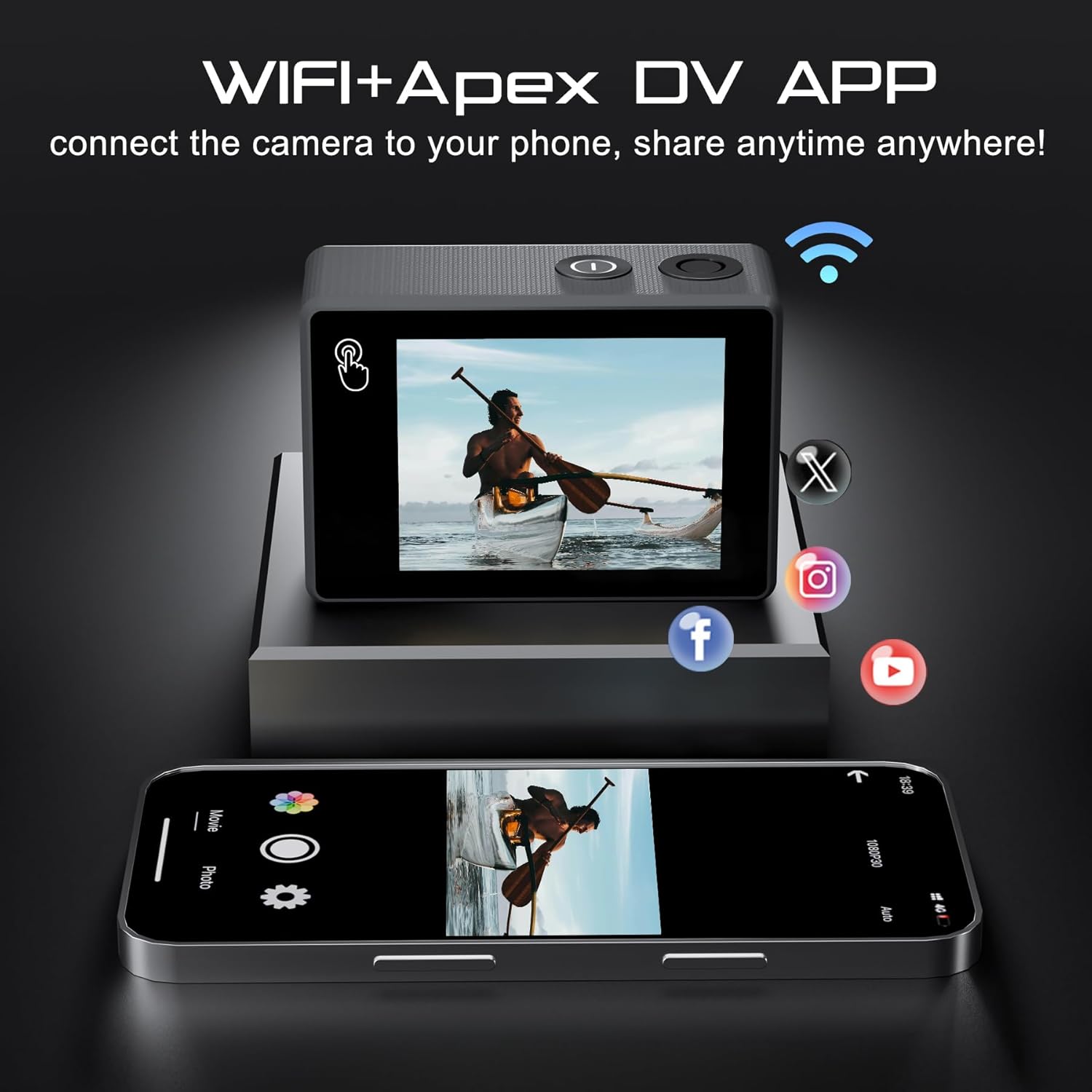 Apexcam New M80PRO Action Cam 4K 64MP EIS Touch Screen with 64GB Waterproof Sports Camera Card Underwater Camera 40M 8X Zoom and 2 x 1350 Batteries Accessories Kit