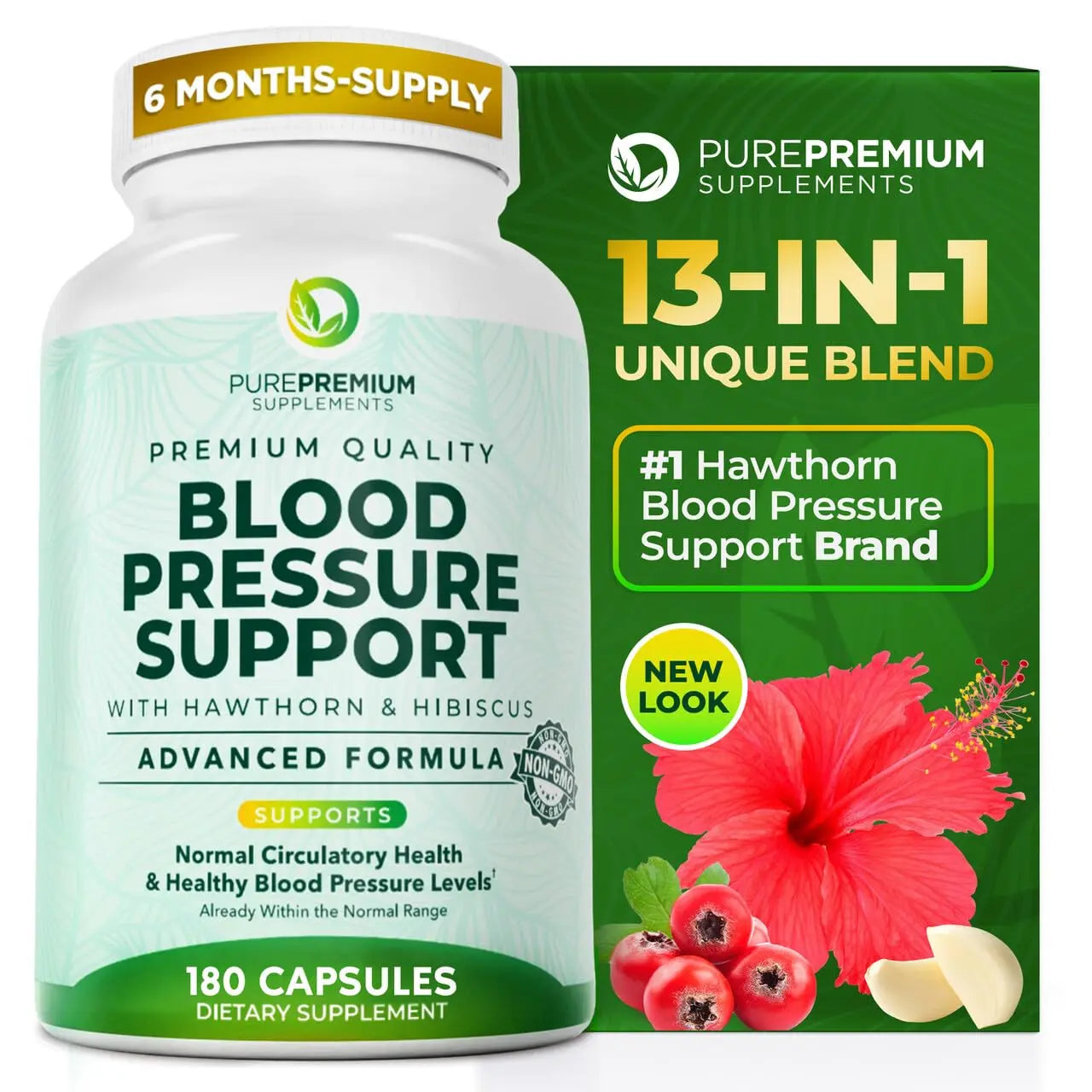 PurePremium Blood Pressure Supplements with Hawthorn Berry, Hibiscus, Garlic & Vitamin B12- Nitric Oxide Supplement for Normal Heart Health, Circulation Health & Blood Pressure Support - 90ct