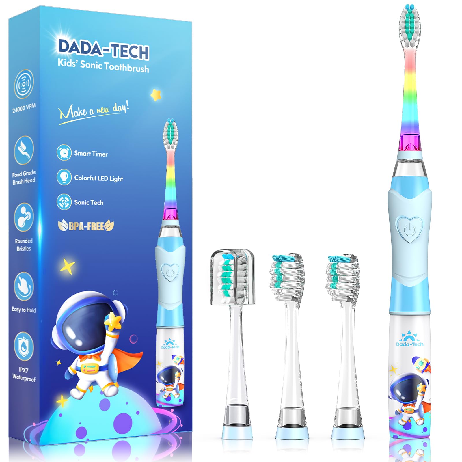 Electric Toothbrush Children's Baby Toothbrush Children's Toothbrush Electric from 1 2 3 Years with LED Light Integrated Timer 90% Rounded Bristles Baby Toothbrush for Toddlers (Blue Astronauts)