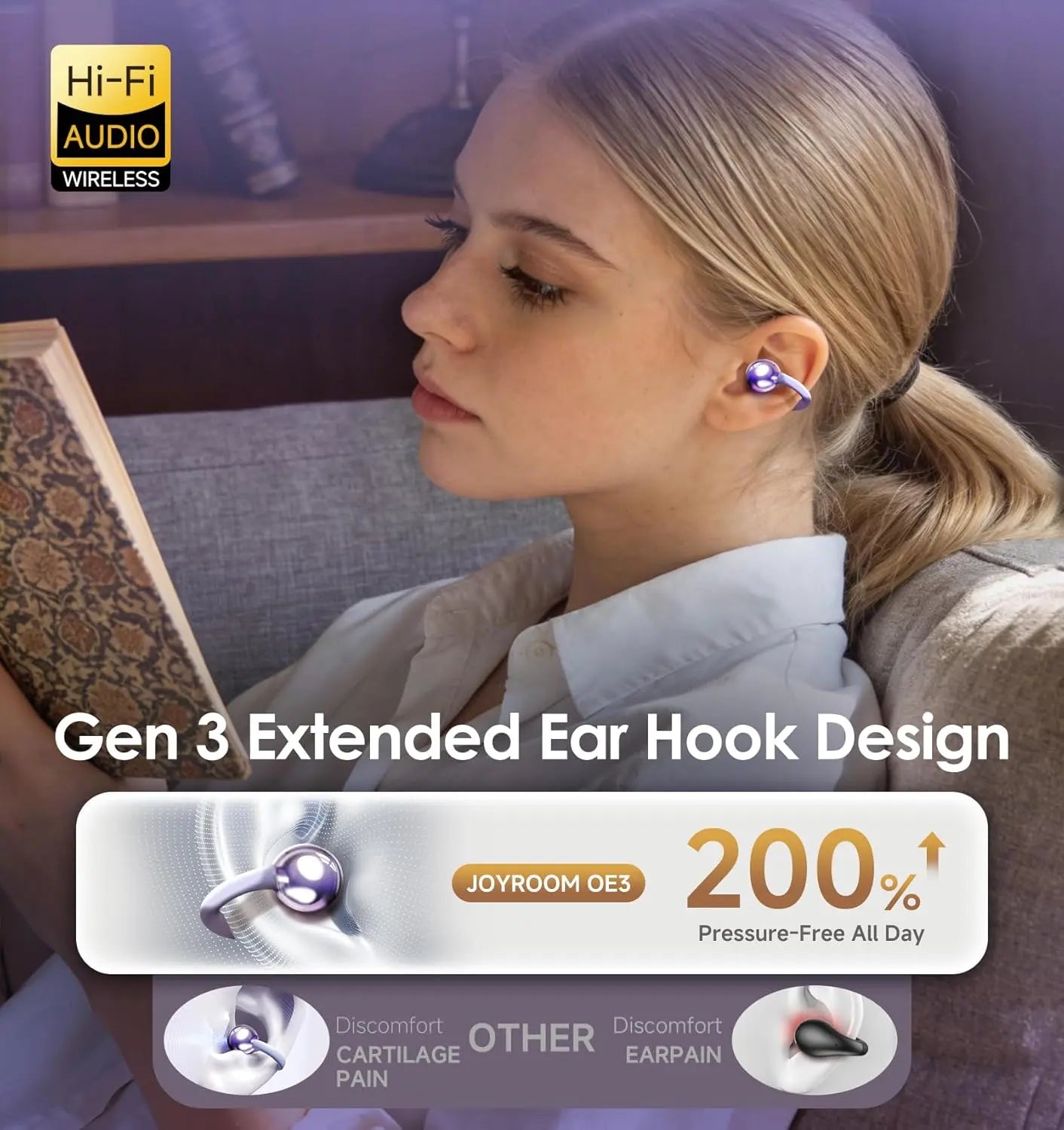 King Lucky Clip on Earbuds Open Ear Wireless Bluetooth 5.4 Headphones with Mic,50H Playtime,Noise Cancelling,Waterproof,Sports Ear Buds,Comfortable for Small Ears & Glasses Wearers,for Workouts,Purple