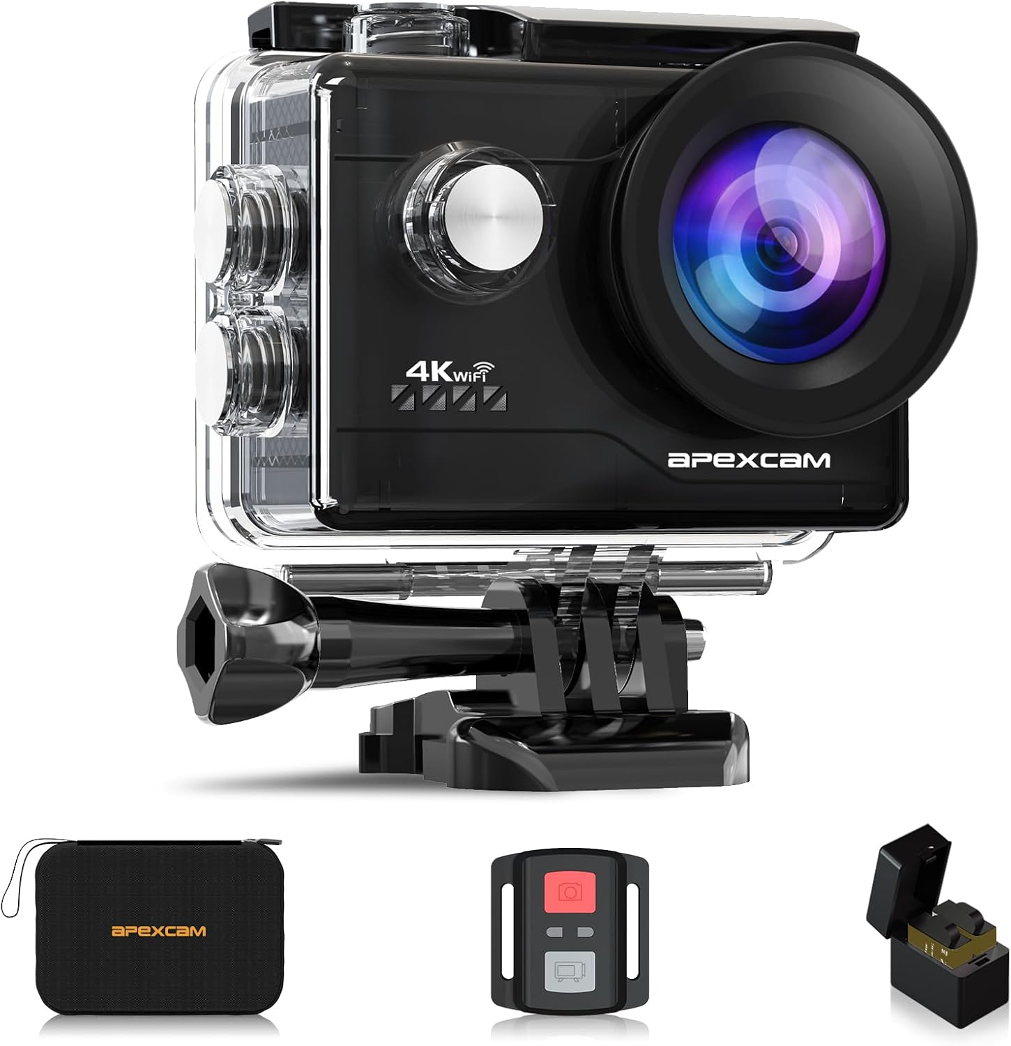 Apexcam 4K 30fps Sports Camera 170° 20MP Underwater Camera 40m, Multiple Shooting Modes with Remote Control, 2 x 1050mAh Batteries and Accessory Bag