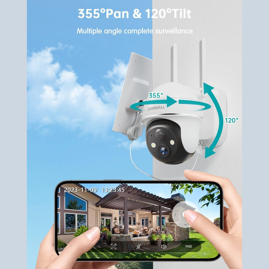ZUMIMALL Wireless Outdoor WiFi Surveillance Camera - Solar Panel, 360° PTZ Outdoor Camera 2.4GHz, Surveillance Camera with Night Vision Colour, Two-Way Audio, PIR Siren (3MP)