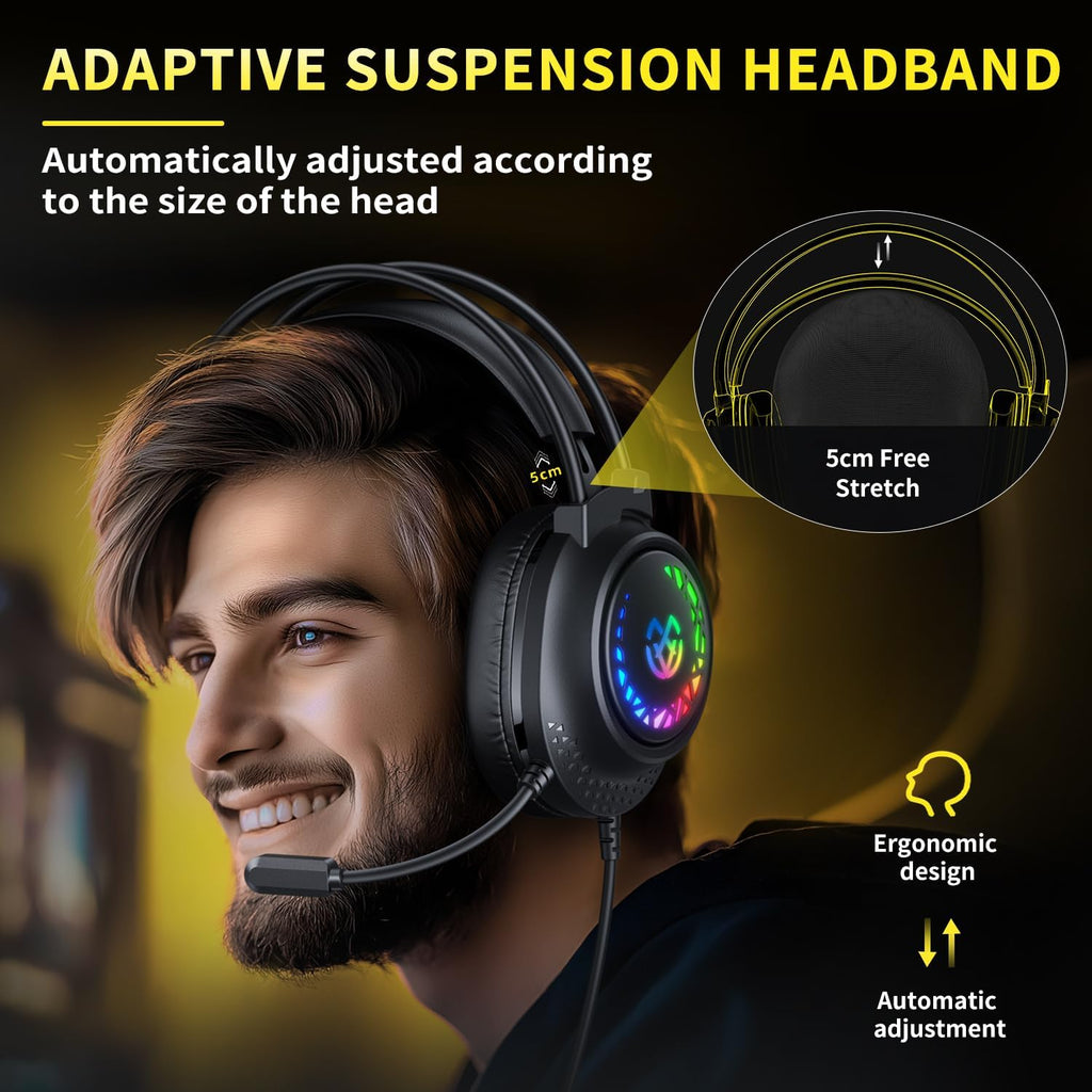 Tatybo Gaming Headset for Ps5 Ps4 Xbox Series X/S, Wired Gaming Headphones for Switch Xbox One PC Stereo Surround Sound Noise Cancelling Mic LED Lights