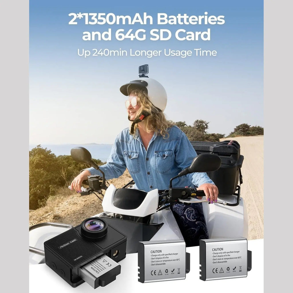 Helmet mounted TIMNUT action camera with two 1350mAh batteries for extended scooter use