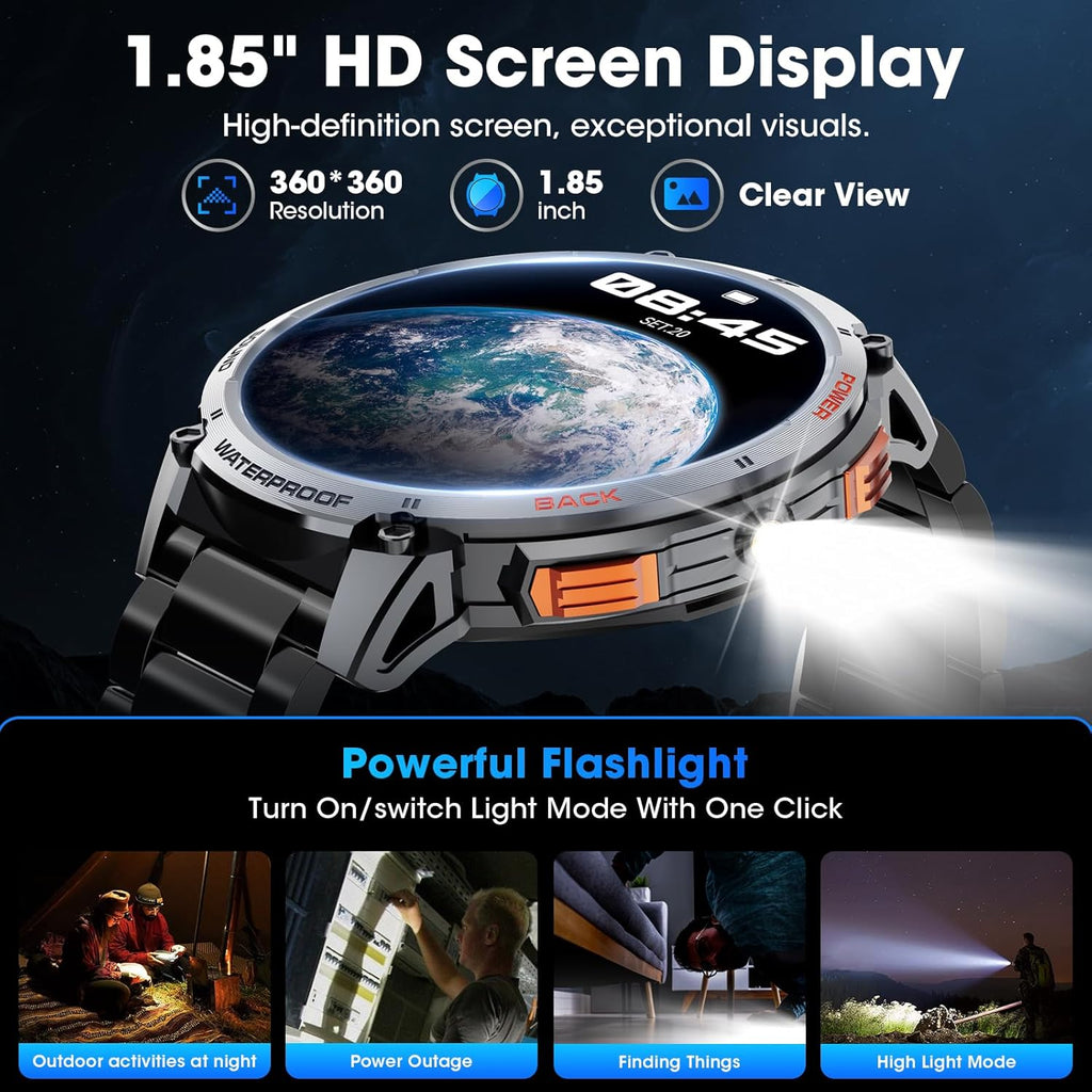 Military Smart Watch for Men 1.85" HD 730mAh Battery Smart Watches with LED Flashlight for Android iOS （Bluetooth Call Answer/Dial Calls） Fitness Tracker with Heart Rate Blood Black Steel Strip