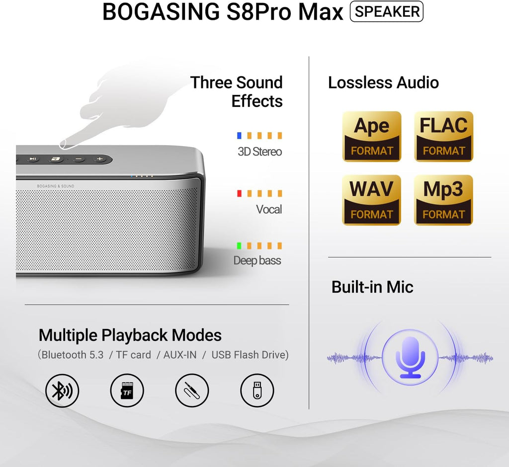 BOGASING S8 Pro Max Bluetooth Speaker, 3-Channel Audio with Lifelike Stereo Sound & Punchy Bass, EQ, DSP Technology, TF-Card, AUX, Built-in Mic, Wireless Portable Speakers for Home, Office (Silver)