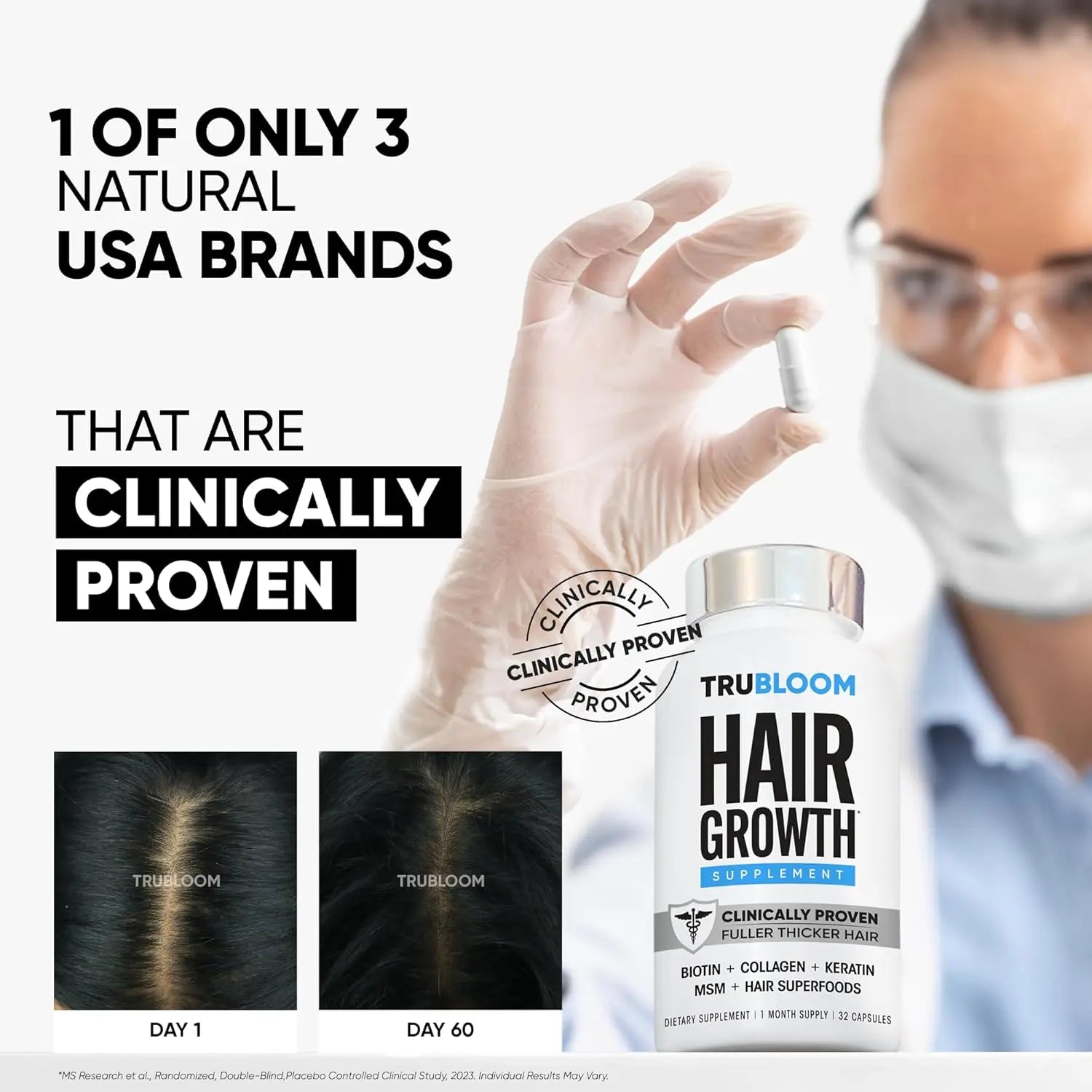 Lab scientist holding TRU BLOOM capsule with clinical study results before and after