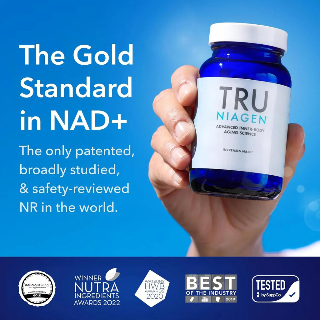 TRU NIAGEN cobalt blue bottle with award logos highlighting gold standard patented NAD+ science