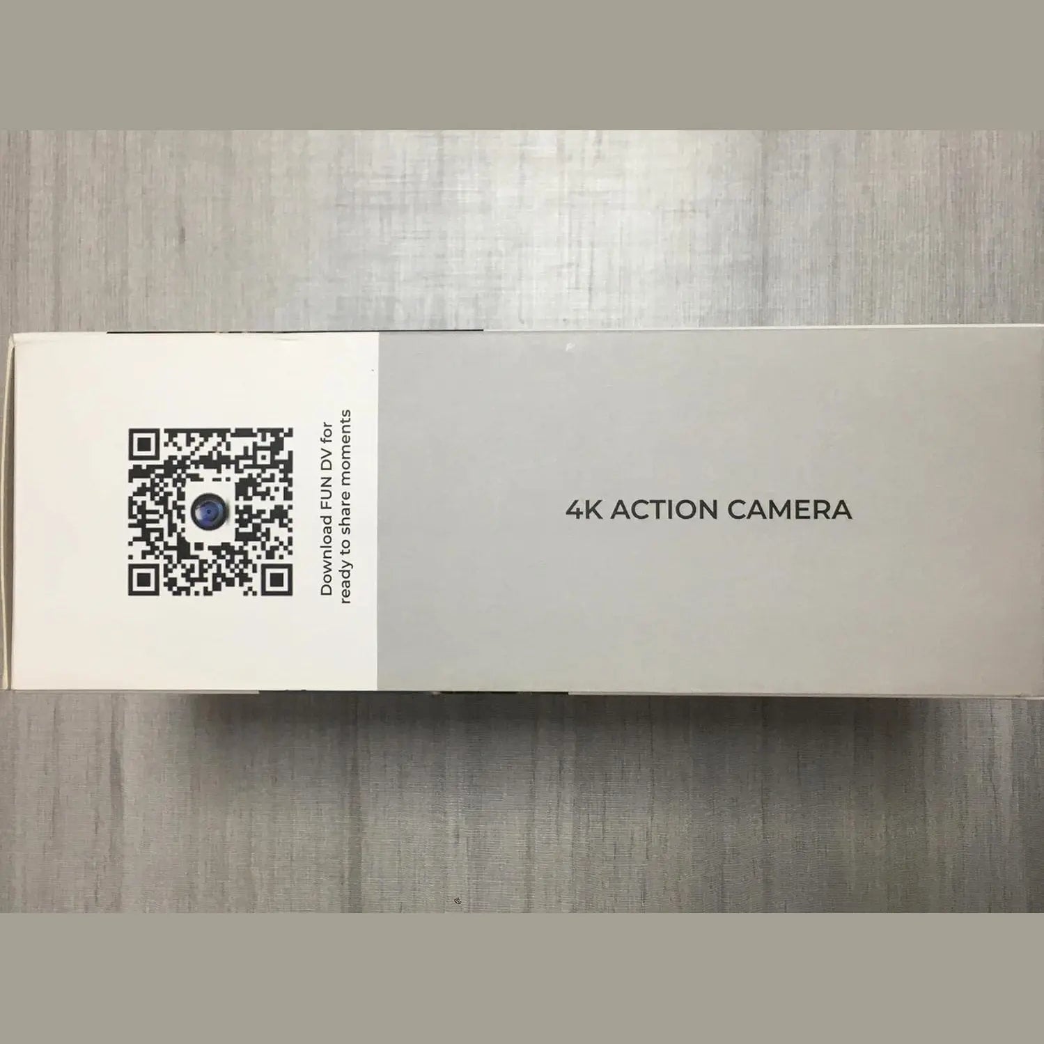 Side of TIMNUT 4K action camera box featuring QR code for FUN DV mobile app download