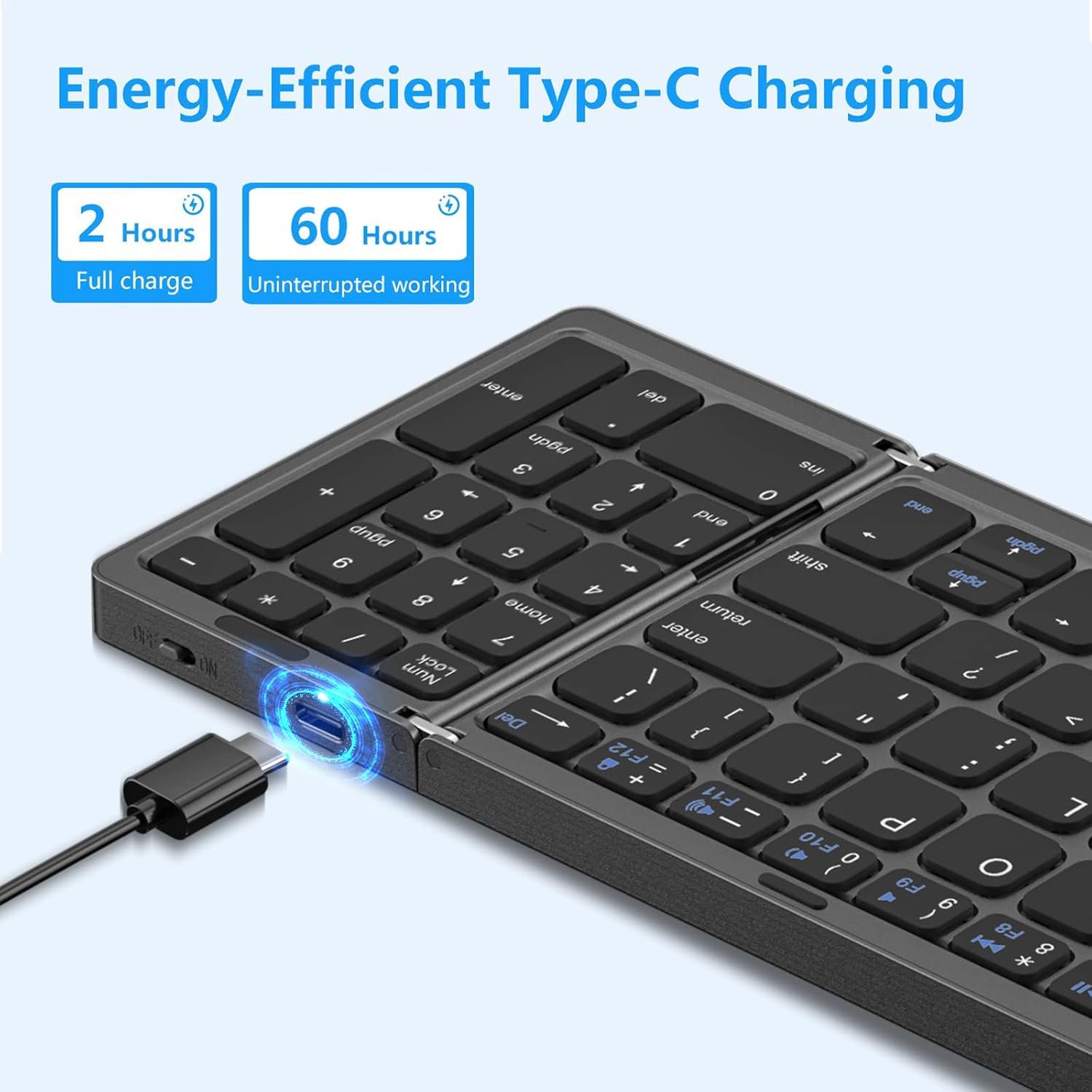 Erkovia Foldable Bluetooth Keyboard, Foldable Wireless Portable Keyboard with Numeric Keypad, USB-C Rechargeable for iOS, Android, Windows System Laptop Tablet Smartphone Device (Not Full Size)
