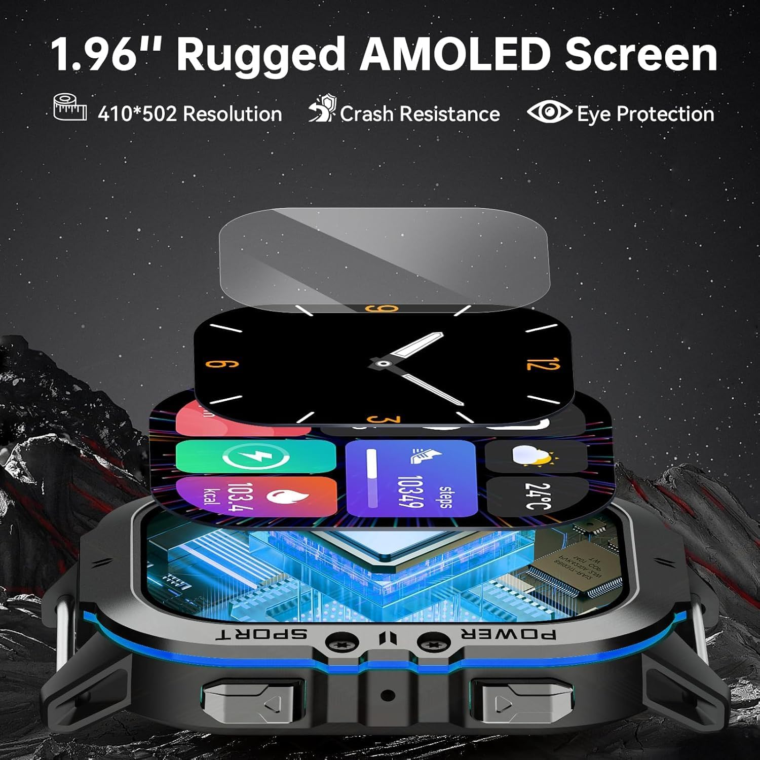 OUKITEL BT20 Military Smart Watch for Men, 1.96 Inch AMOLED Outdoor Sports Smartwatch, 5ATM Waterproof Fitness Watch, 100+ Sports Modes, Heart Rate Blood Oxygen Sleep Monitor for iOS Android