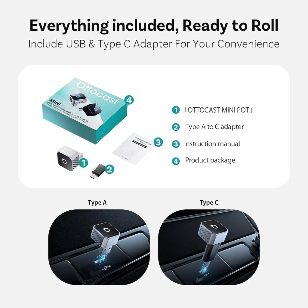 OTTOCAST Mini Pot 2025 2-in-1 Wireless CarPlay & Android Auto 2-in-1 Adapter, Plug & Play, 5GHz WiFi, Auto Connect for iPhone & Android, Fits 98%+ OEM Wired CarPlay Cars
