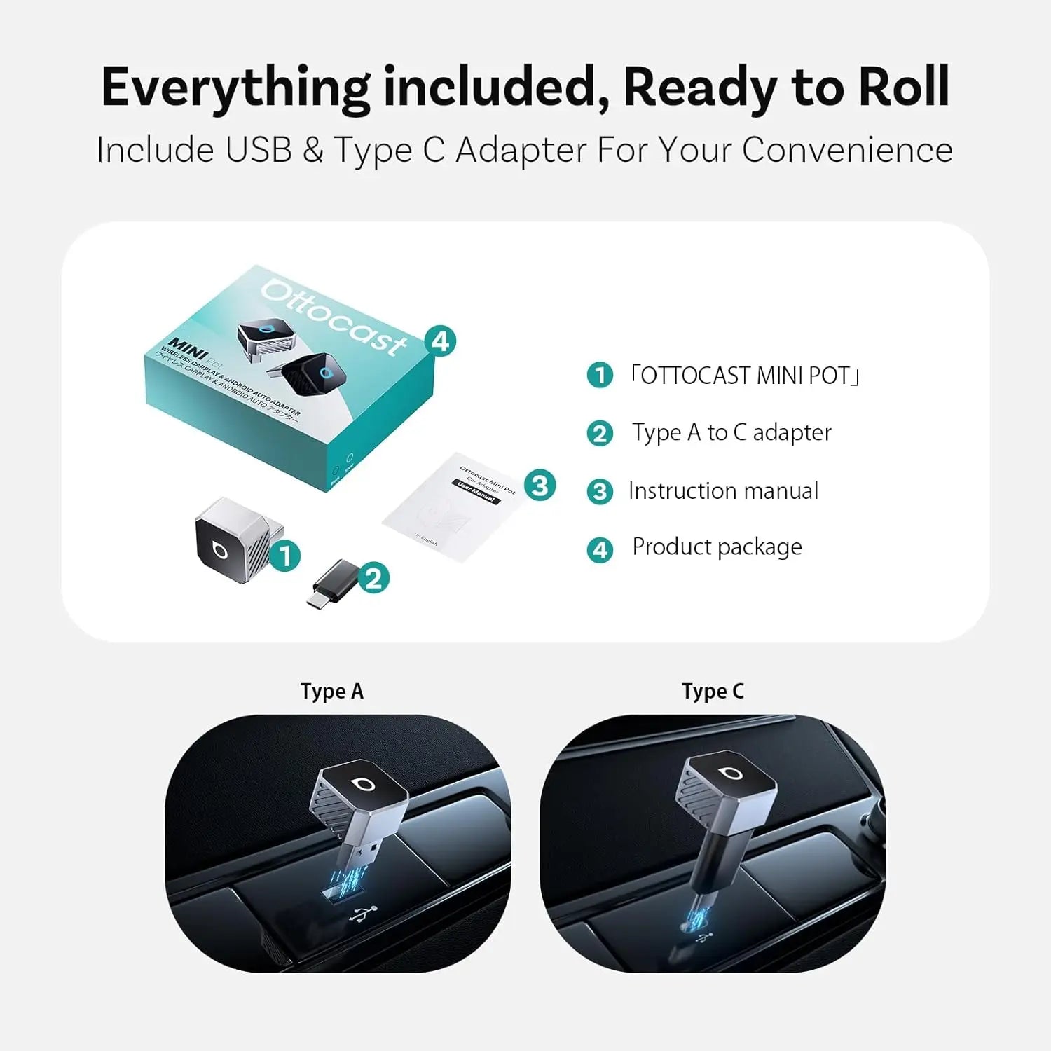 OTTOCAST Mini Pot 2025 2-in-1 Wireless CarPlay & Android Auto 2-in-1 Adapter, Plug & Play, 5GHz WiFi, Auto Connect for iPhone & Android, Fits 98%+ OEM Wired CarPlay Cars